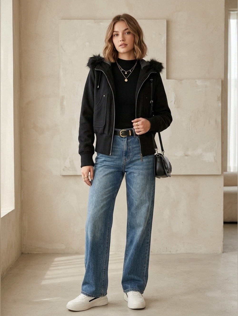 Fearless Cropped Jacket  – Charcoal Gray Faux Fur Hood, Zip Up, Womens. Medium